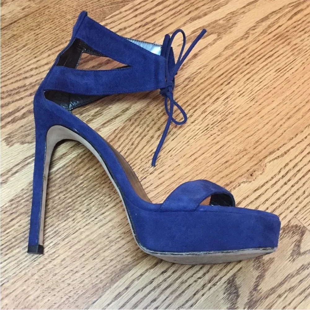Stuart Weitzman Blue Suede Platform Heels 7.5 Made in Spain Lace-Up Stiletto